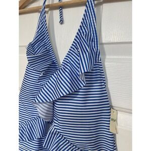 Aerie Blue White Striped Ruffle Cut Out Halter One Piece Swimsuit XL Long